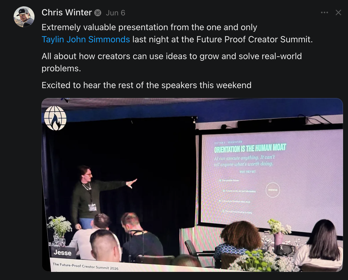 A 2026 summit attendee's social post